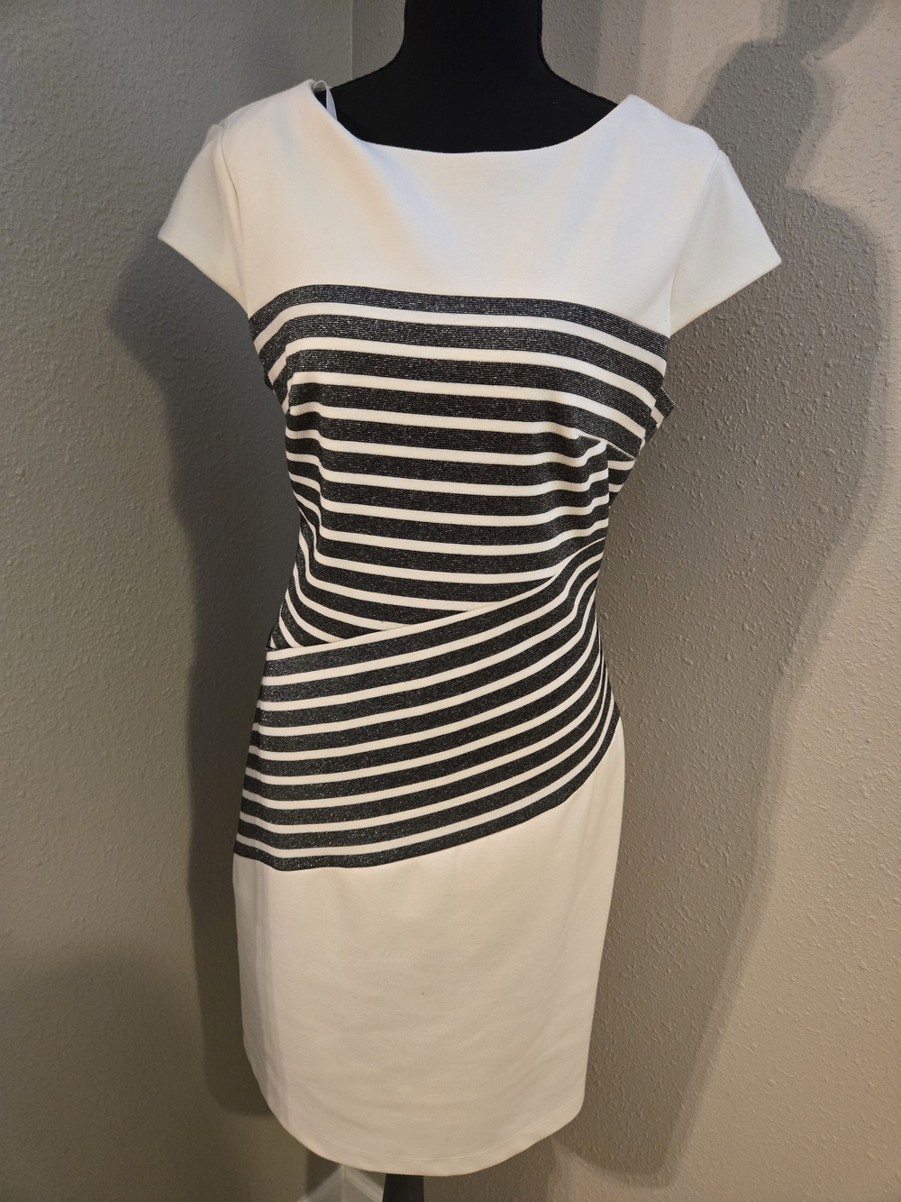 Studio I White Midi Dress with Black Glitter Stripes